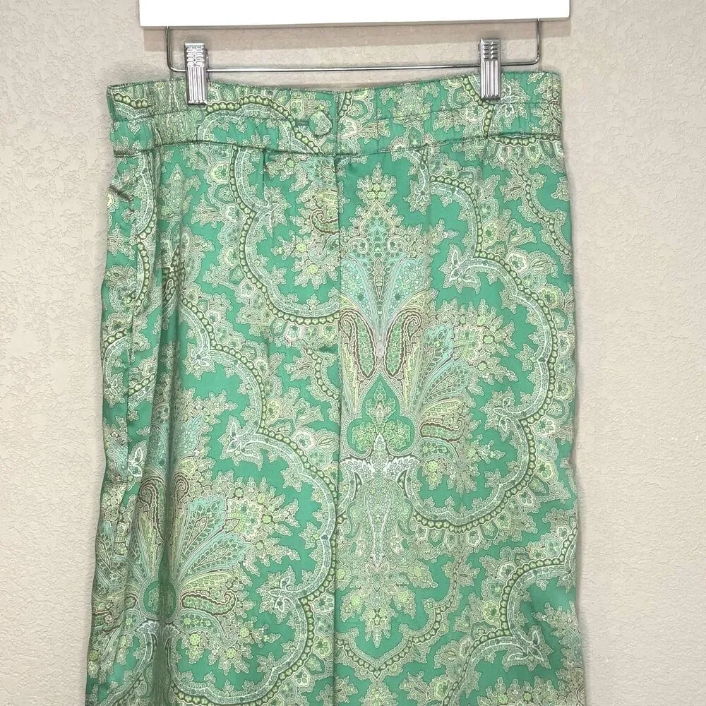 J Crew Collection Pants Womens 8 Green Paisley Satin Wide Leg Cropped AV440